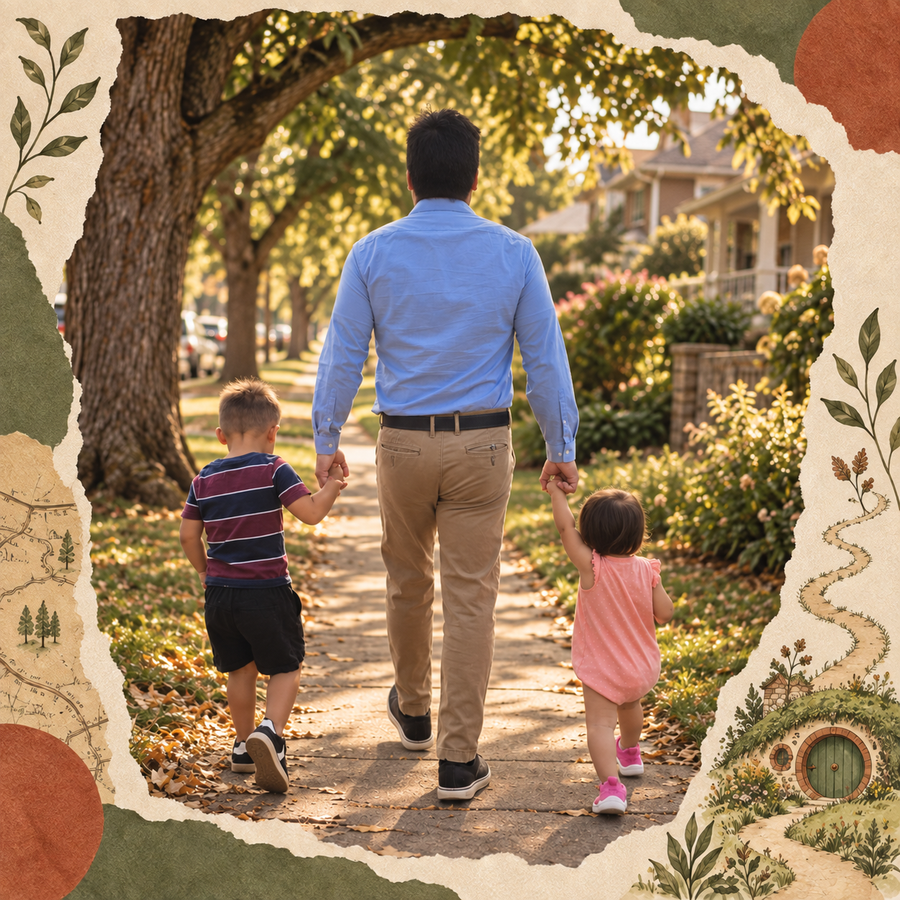 Jesus walking hand in hand with his two children through their neighborhood.