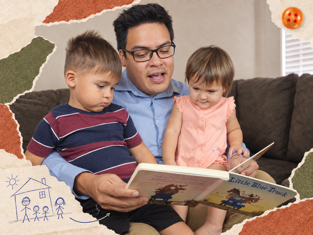 Jesus reading with his two children at home.