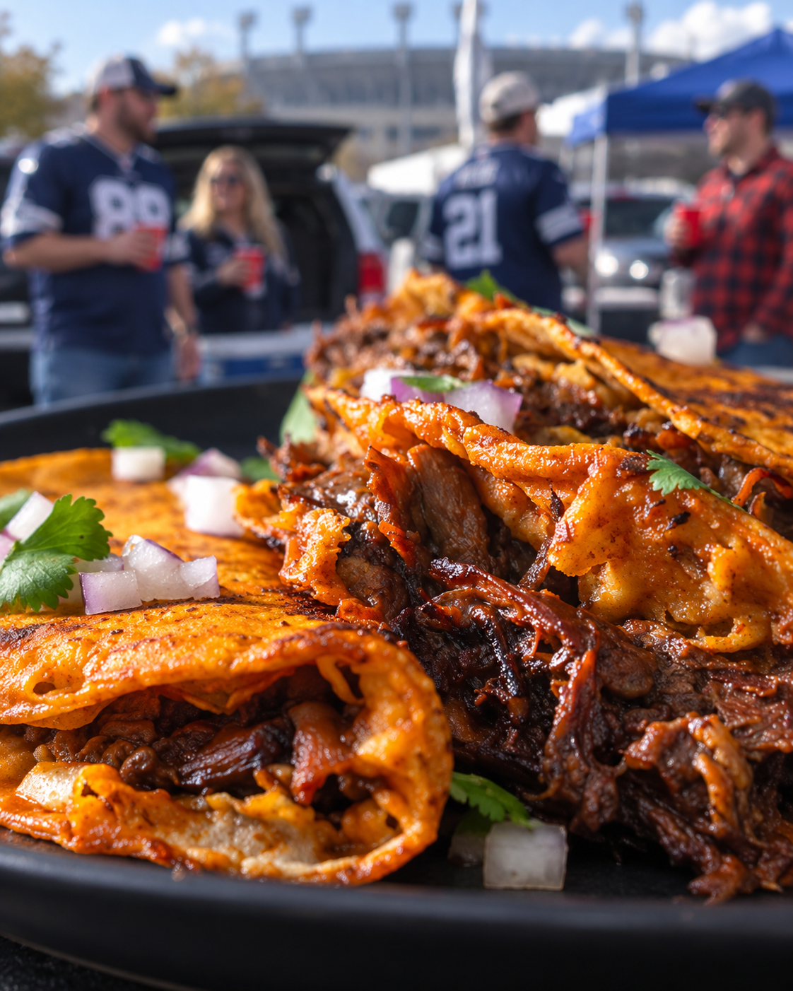 Close-up of birria tacos with a football tailgate gathering softly blurred in the background.