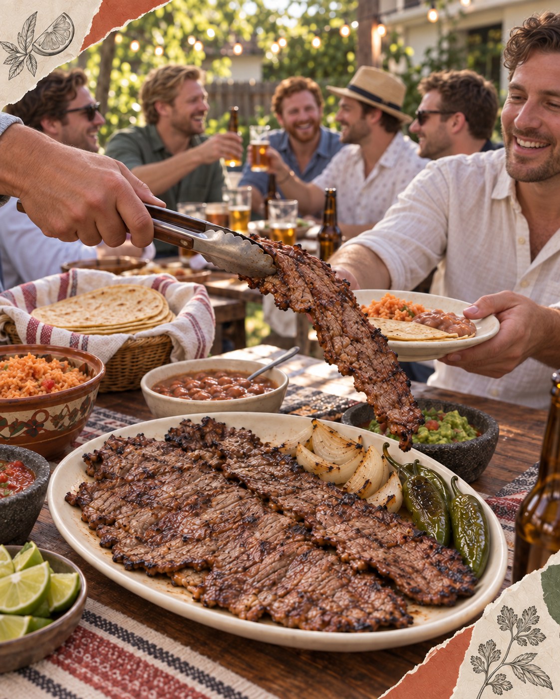 Carne asada and sides served to friends at a backyard bachelor celebration.