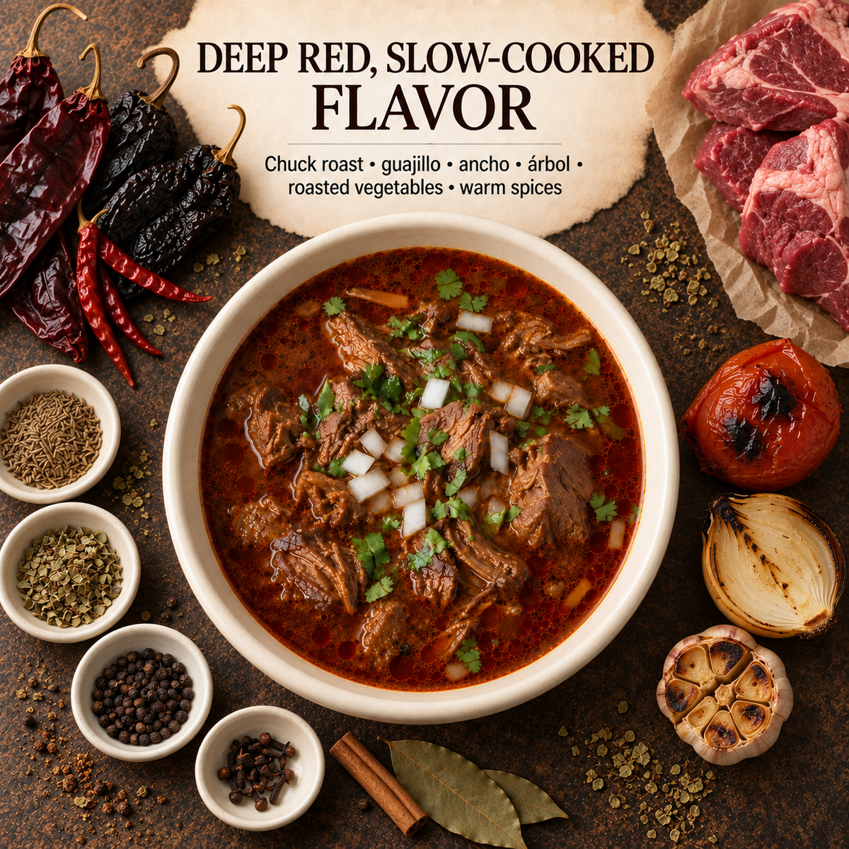 Deep red beef birria flavor