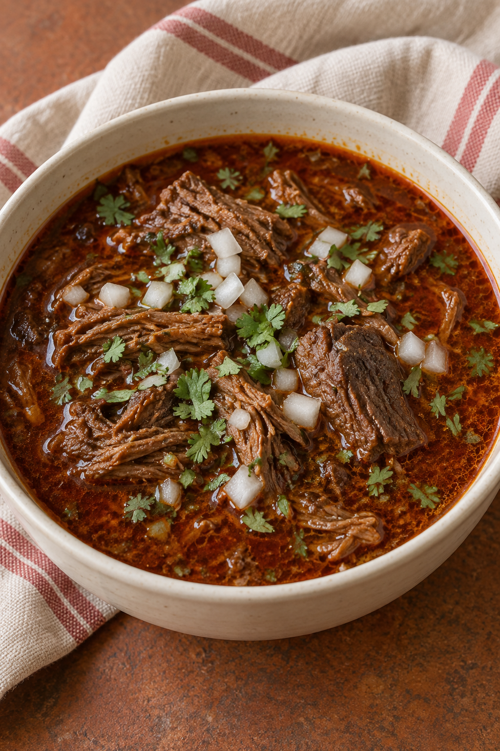 Tender shredded beef birria in red consomé topped with chopped onion and cilantro.