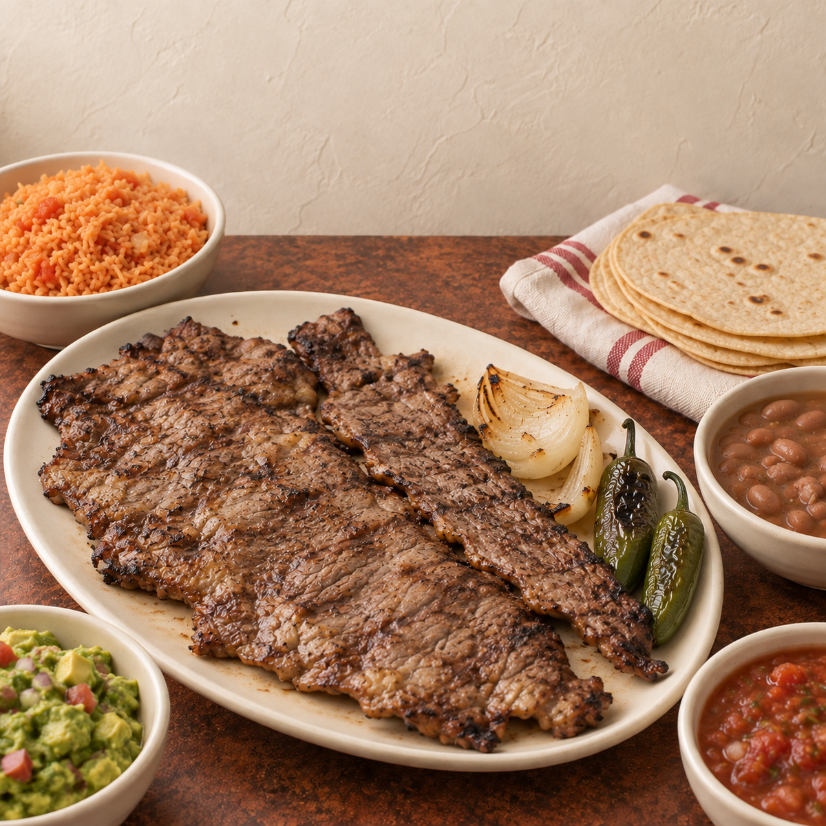 Thin grilled carne asada with onions, peppers, rice, beans and tortillas.
