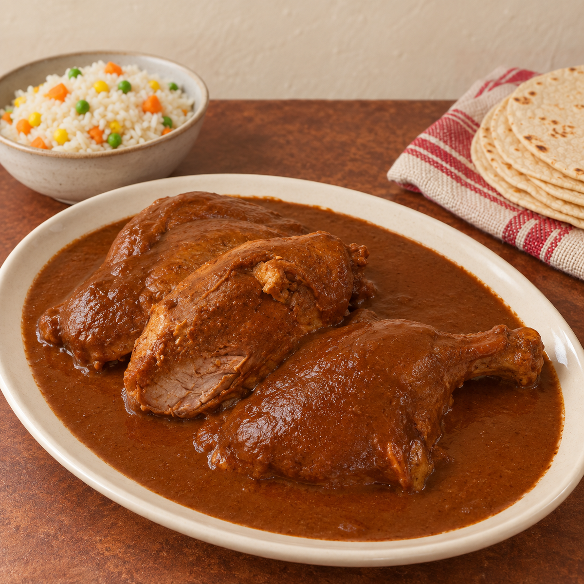 Chicken in reddish brown mole without sesame garnish, with white vegetable rice and tortillas.
